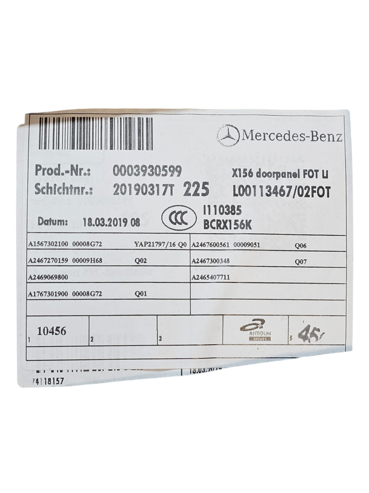 Pannello Porta Posteriore Sinistro Mercedes GLA X156 Cod:A1567302100 (2013 - 2019) - F&P CRASH SRLS - Ricambi Usati